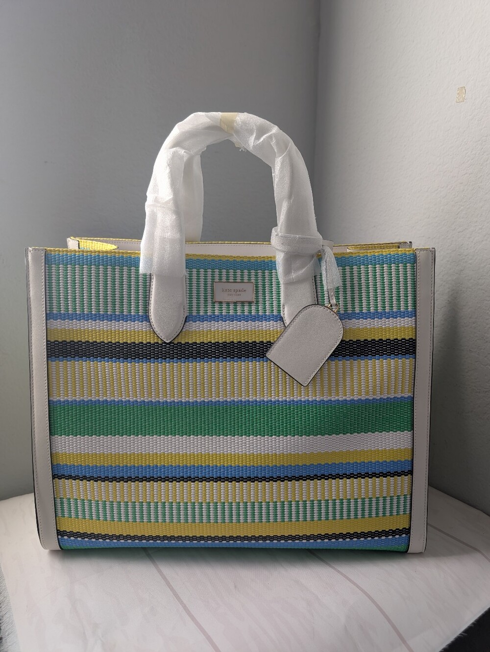 NWT Kate Spade KH026 Manhattan Striped Woven Straw Large Tote In Green Multi